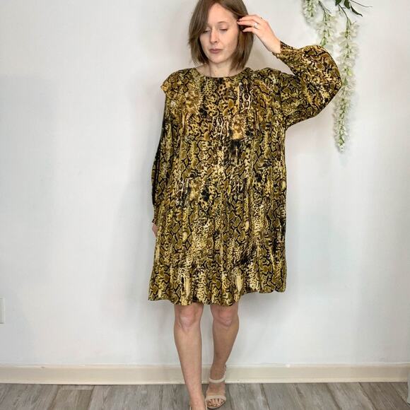 BA&SH Sym trapeze shift dress ochre ruffled bib front snakeskin print 2730 - Picture 6 of 14